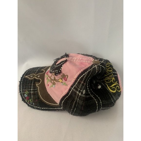 True Religion Y2K Rhinestone Distressed Pink Plaid Adjustable Ball Cap Hat